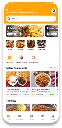Foodbyte app home screen showing local restaurants and dishes in Maiduguri